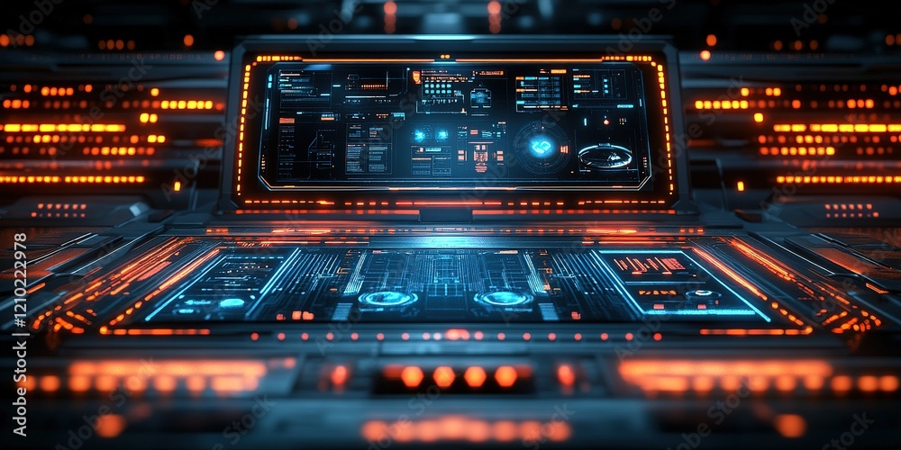 Poster futuristic command center displaying glowing interfaces and intricate data streams at night