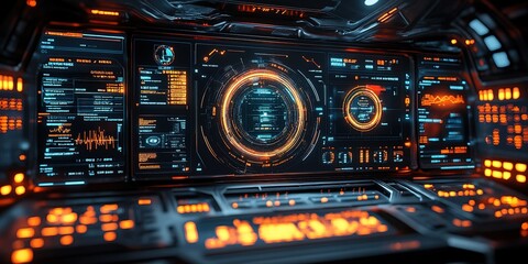 Obraz premium Futuristic control panel showing complex data visualization with glowing interfaces in a sci-fi environment