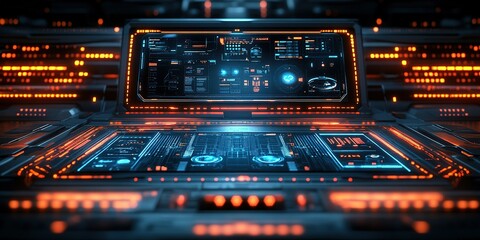 Obraz premium Futuristic command center displaying glowing interfaces and intricate data streams at night