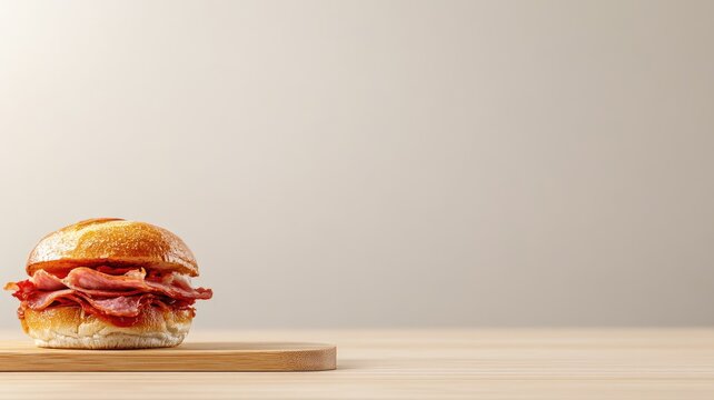 Delicious sandwich with crispy bacon on wooden board