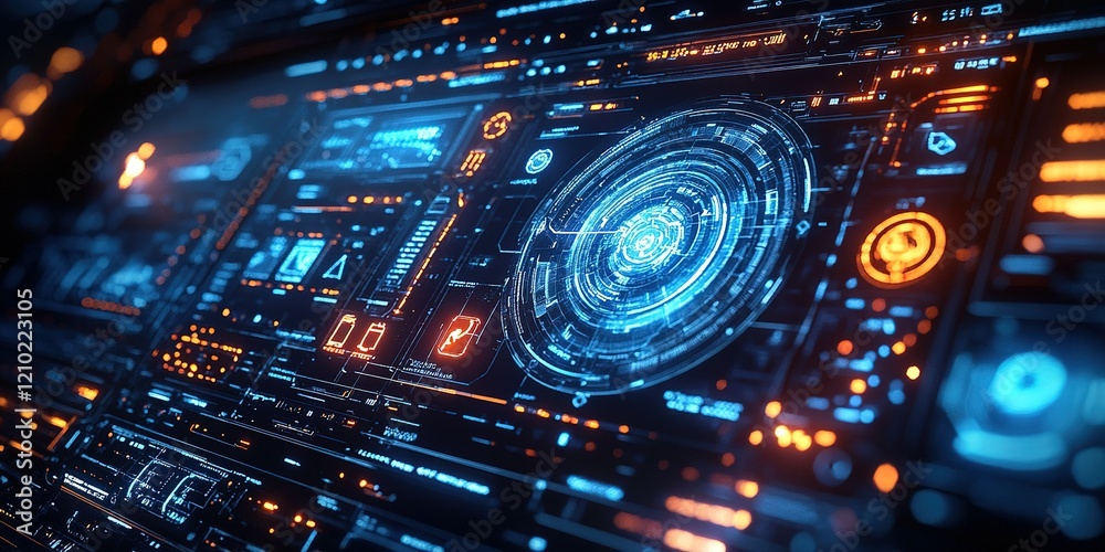 Poster futuristic digital dashboard displaying glowing interface elements and data graphics in a high-tech 
