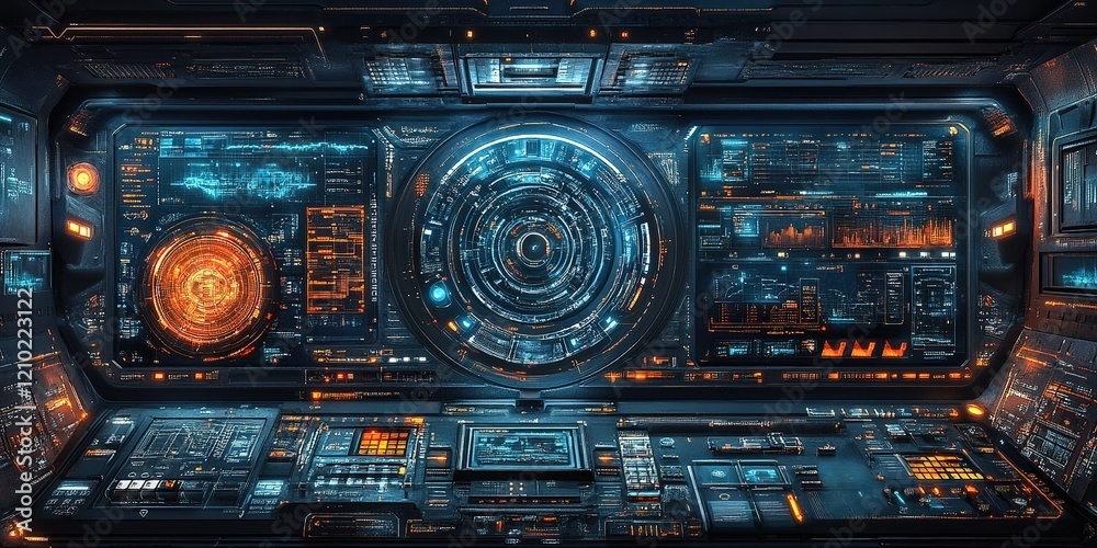 Poster futuristic control room displaying a high-tech interface with glowing screens and intricate data gra