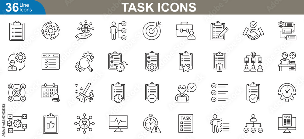 Wall mural task management line icons set. vector illustration featuring productivity tools, workflow symbols, 