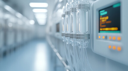 HPLC system showing connected tubing, glowing data screens during precise chemical analysis in sterile laboratory environment