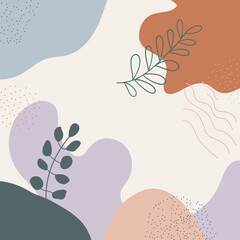 Vector illustration. Modern abstract drawing with curved shapes in pastel shades blue, cream, orange. There is a thin leaf outline.