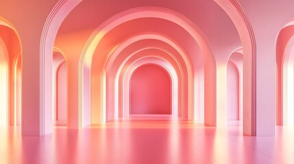 Fototapeta premium Luxurious modern architectural interior with elegant curved pink and gold gradient arches featuring love themed decorative details and a minimalist aesthetically creative design