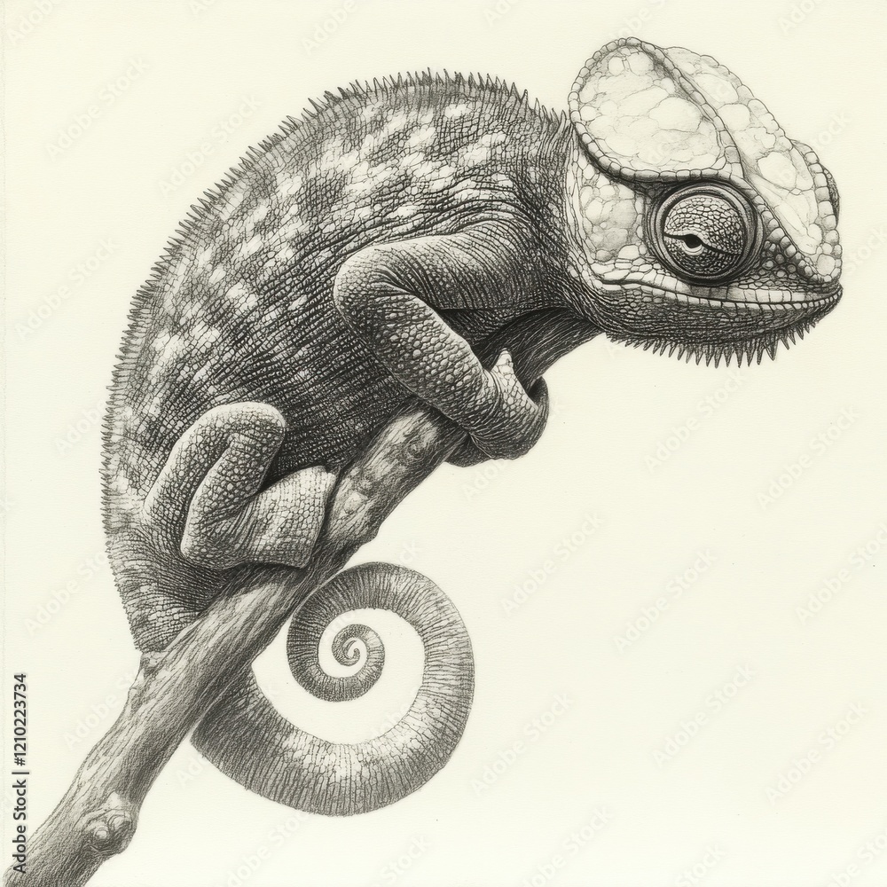 Poster Chameleon clings to a twig with coiled tail, showcasing unique camouflage ability in a detailed artistic representation