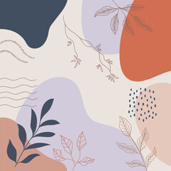 Vector illustration. Minimalistic design with curved shapes and contoured leaf accents. Pastel colors add peace.
