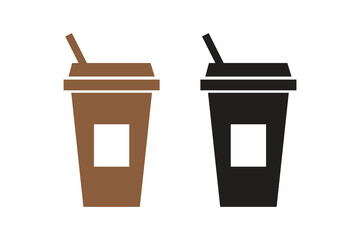 Coffee cup icons vector set in line and flat style. Disposable coffee cup. Coffee paper cup, plastic container for hot and cold drink, juice, tea, cocoa and other. Vector illustration