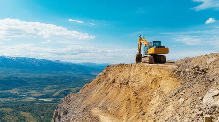 Obraz premium Heavy excavator breaking rocky terrain on steep cliff edge, revealing sprawling valley, mountain ranges, winding river beneath clouded blue sky