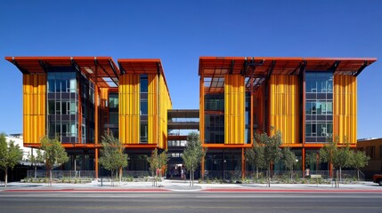 Modern Yellow Orange Multi Story Building Exterior Architecture Urban Street Scene