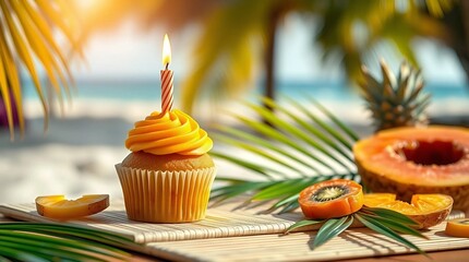 a single cupcake with vibrant mango-orange frosting and a tropical-themed candle, placed on a light bamboo mat to one side of the image, surrounded by tropical decorations 