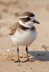 Brown and grey downy plumage of a young Wilson's s plover chick on the sandy shore, sand-dwelling, brown, plover