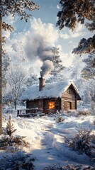 Cozy log cabin with smoke rising from chimney surrounded by snow-covered trees in a winter landscape at dusk