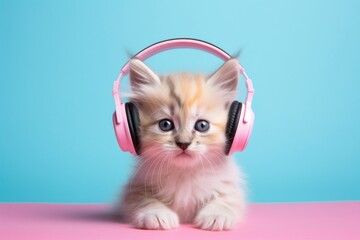 Naklejka premium Headphones kitten headset mammal