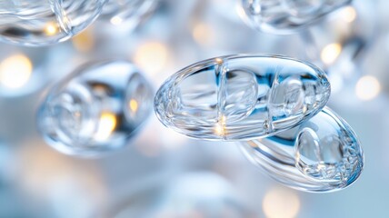 Close-up of transparent capsules with reflective surface under bright light