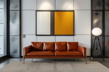 Stylish Modern Living Room Featuring Brown Leather Sofa and Yellow Artwork