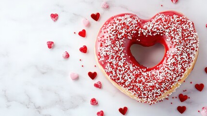 red frosted heart food donut and pastel candy hearts scattered on turquoise surface, creating romantic valentine's day composition. love romantic background