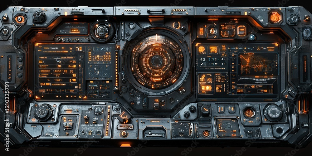 Poster control panel with intricate design and glowing features used in advanced technology environments