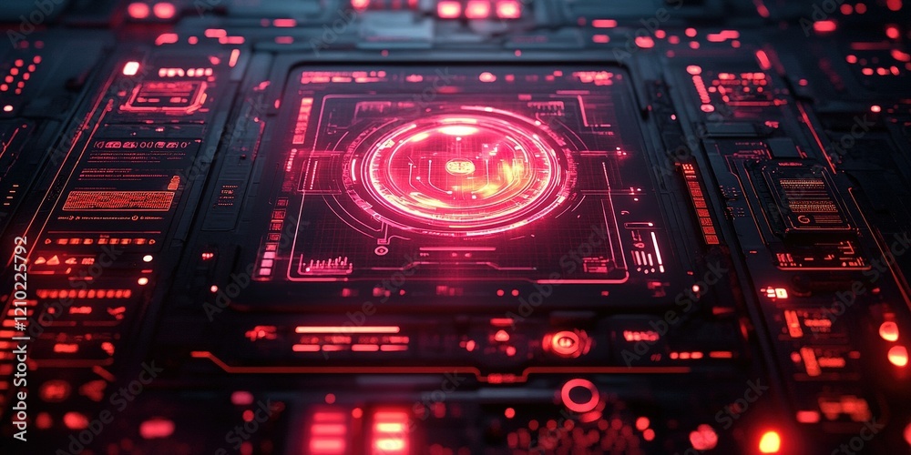 Poster futuristic digital interface displaying a glowing red circular design on a dark background with intr