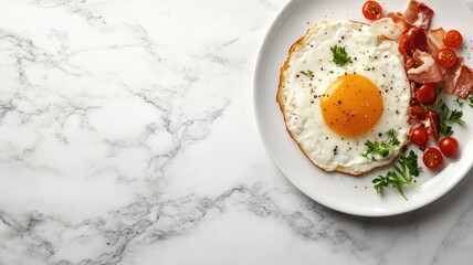 Fried egg, bacon, cherry tomatoes, and herbs on plate