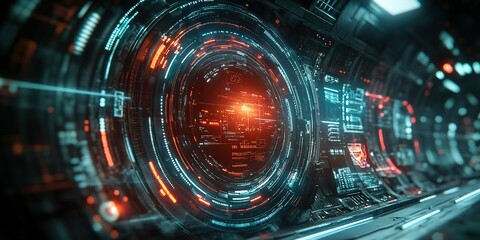 Fototapeta premium Futuristic technology display featuring glowing circular interfaces in a high-tech environment