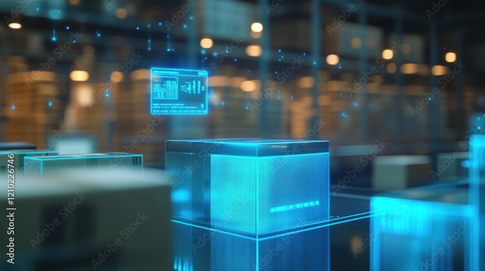 Poster glowing blue digital interface displaying package information and data analysis hovering over cardbo