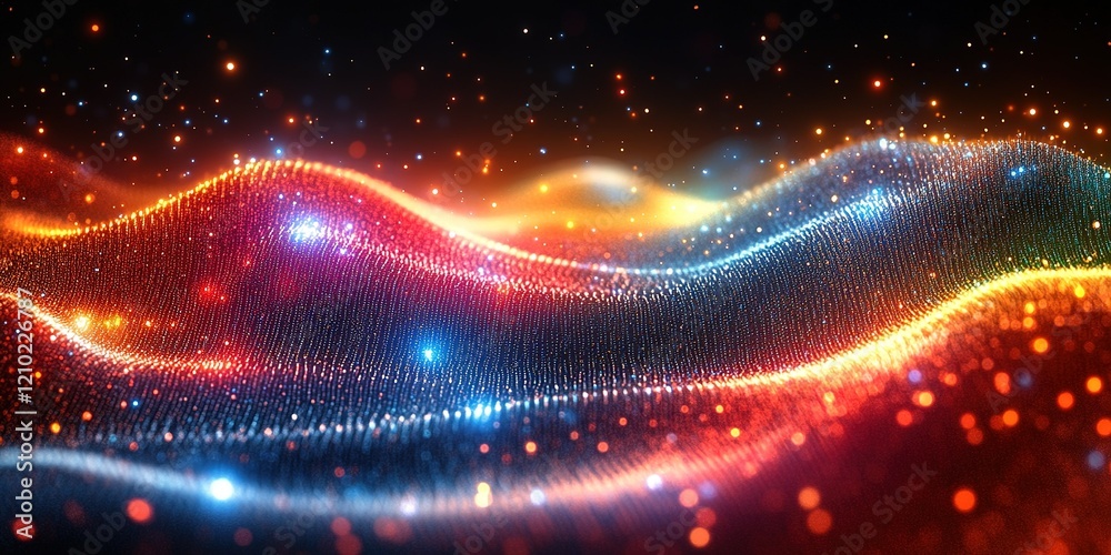 Poster colorful abstract waves of light create a dynamic visual experience with shimmering particles and vi
