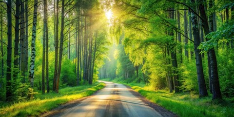 Fototapeta premium Sunlit Path Through a Lush Green Forest Canopy
