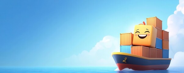Adorable cartoon cargo ship smiling with containers ocean animation bright sky playful concept