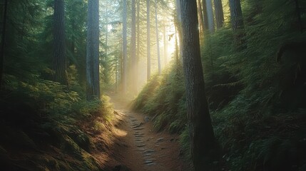 Obraz premium Narrow hiking trail meanders through a serene forest with soft sunlight filtering through the trees