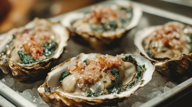 Fresh oysters with spinach and bacon topping served on ice
