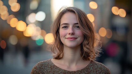 Obraz premium Smiling woman in city street with warm bokeh lights during sunset