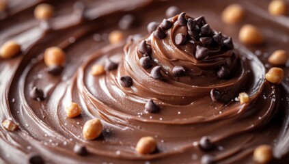 A close-up of swirls and lines in creamy chocolate peanut butter.
