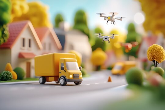 Charming delivery trucks and drones on a serene road animated scene urban environment bright viewpoint whimsical concept