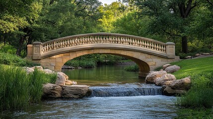 A picturesque bridge in a park setting, crossing a gently flowing river, showcasing timeless architecture.
