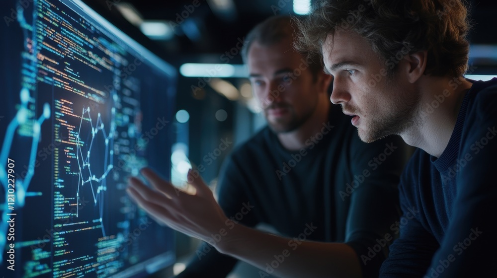 Poster two software developers are working together in a dark office, analyzing code and a graph displayed 