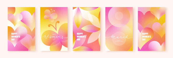 Set of templates for International Women's Day on March 8. Number 8, butterflies, flowers and hearts on gradient background. Juicy spring warm colors, grainy texture. Set of trendy modern cards.