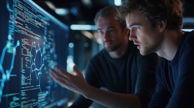 Two software developers are working together in a dark office, analyzing code and a graph displayed on a large computer screen, collaborating on a project late at night
