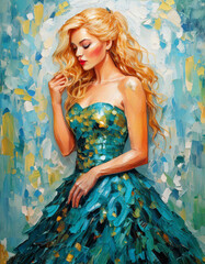 portrait of a woman in blue and gold, statue of a woman painting wallart, oil paint wall art drawing illustration	