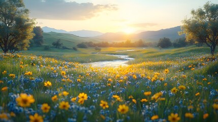 Obraz premium Rolling hills covered with fresh green grass, a river flowing through the valley, and trees blooming with flowers, realistic 8K resolution,