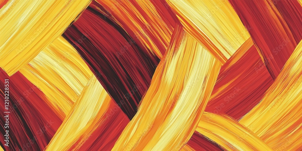 Poster textured pattern with woven strokes in vibrant red, yellow, and orange hues showcasing depth and mov
