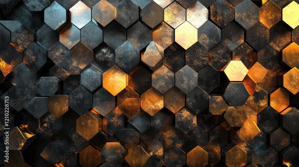 Leinwandbilder geometric abstract background featuring hexagonal shapes with a metallic finish and warm lighting ef