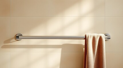stock photo A gracefully elegant towel with refined features hangs on a chrome bar against a textured wall.