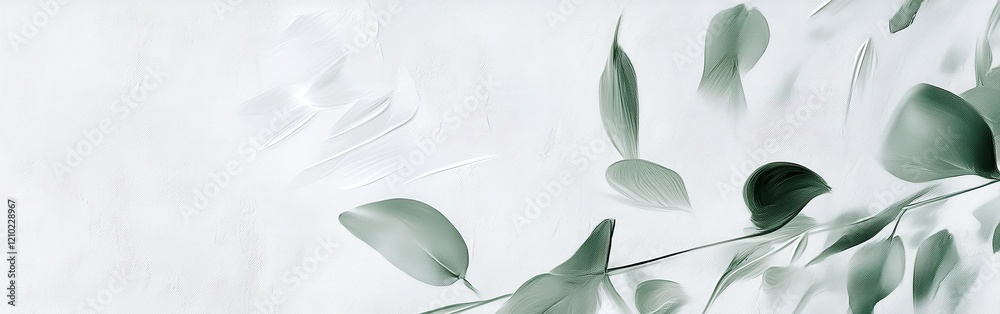 Poster delicate pencil artwork of green leaves on an elegant white canvas with subtle textures enhancing th