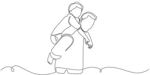 A father carrying a boy line art style vector illustration
