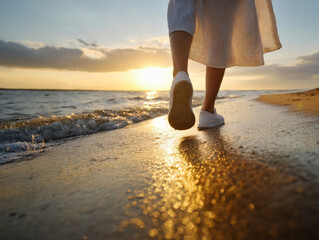 Girl feet walking on sandy beach, shore at sunset