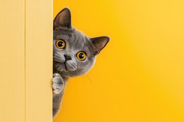 Curious grey British Shorthair cat peeking around a corner with wide eyes against a bright yellow background. Perfect for playful designs and pet-themed projects