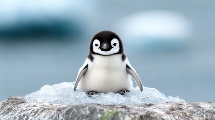 Obraz premium Adorable penguin chick on Antarctic ice, icy background, wildlife photography for nature documentaries