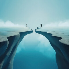 Two separated people standing on two distant cliffs